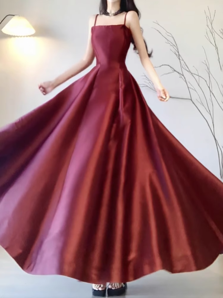 Sexy A line Spaghetti Straps Burgundy Long Party Prom Dresses Birthday Outfits - VelvetHem
