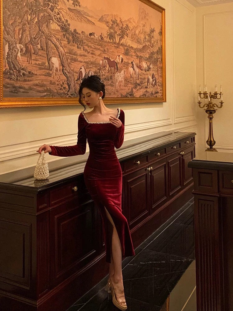 Sexy Sheath Square Neckline Burgundy Velvet Ankle Length Prom Dresses Birthday Outfits - VelvetHem