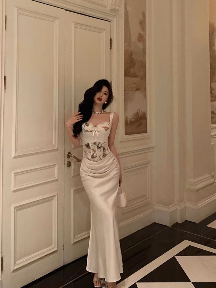Sexy Mermaid Sweetheart Straps White Floral Long Satin Prom Dresses Birthday Outfits - View 5 | VelvetHem