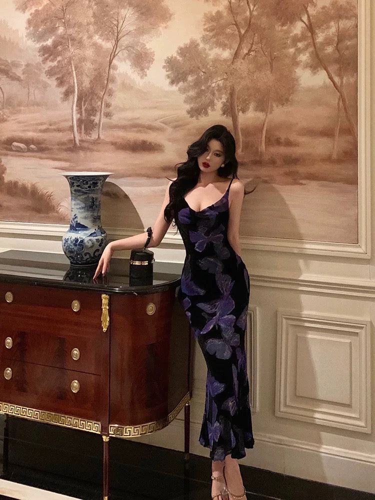 Sexy Sheath Spaghetti Straps Floral Grape Butterfly Fold Long Prom Dresses Birthday Outfits - View 4 | VelvetHem