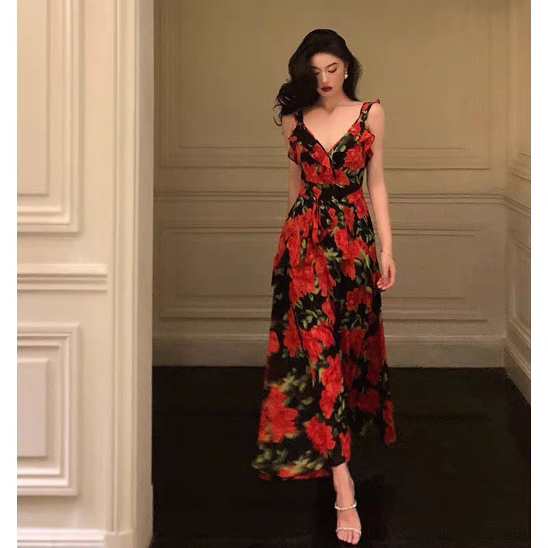 Sexy A Line Straps Sleeveless Red Floral Ruffle Chiffon Prom Dresses Birthday Outfits - VelvetHem