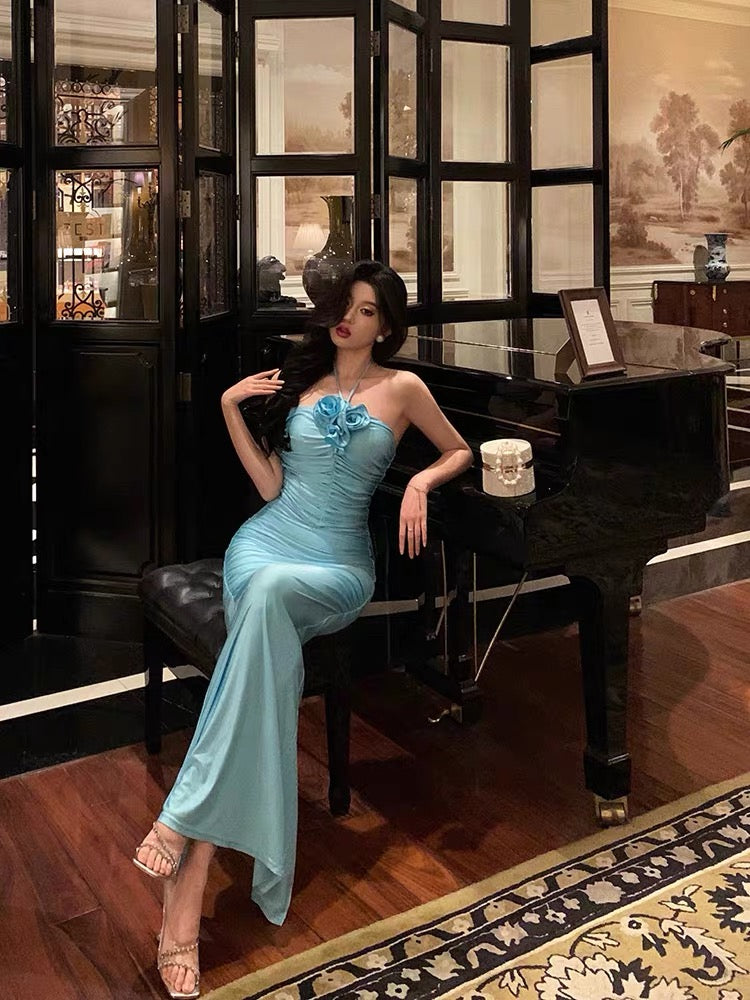 Sexy Sheath Halter Blue Fold Long Prom Dresses Birthday Outfits - View 4 | VelvetHem