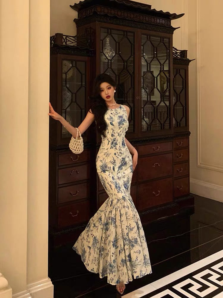 Sexy Sheath Boat Sleeveless Blue Floral Ruffle Long Prom Dresses Birthday Outfits - VelvetHem
