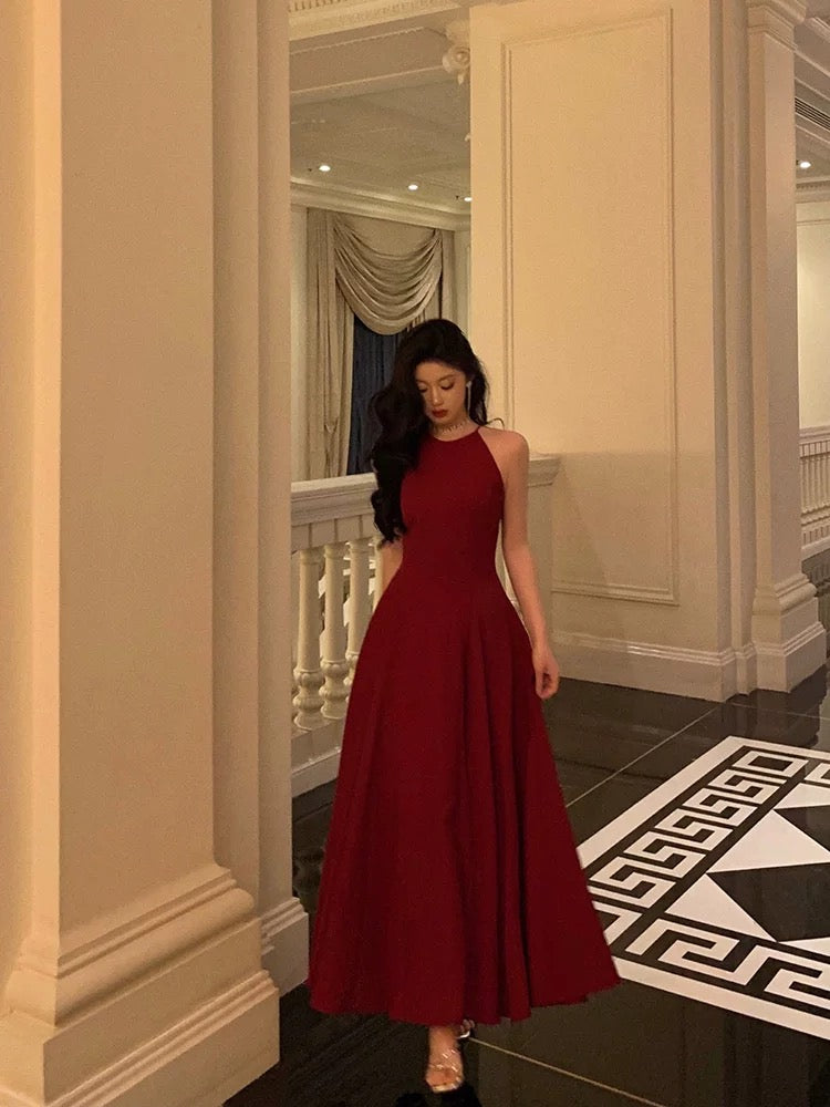 Sexy A Line Boat Neckline Sleeveless Burgundy Ankle Length Prom Dresses Birthday Outfits - View 5 | VelvetHem