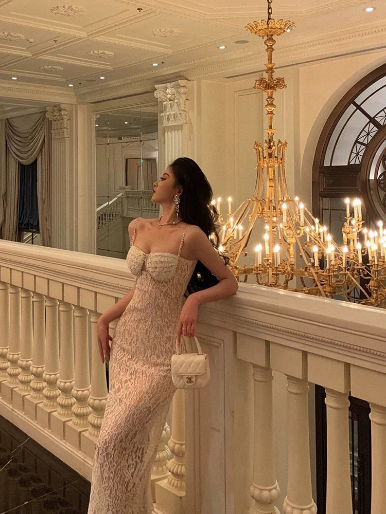 Gorgeous Mermaid Spaghetti Straps Sleeveless Date Night Dress White Lace Prom Dresses Birthday Outfits - View 3 | VelvetHem