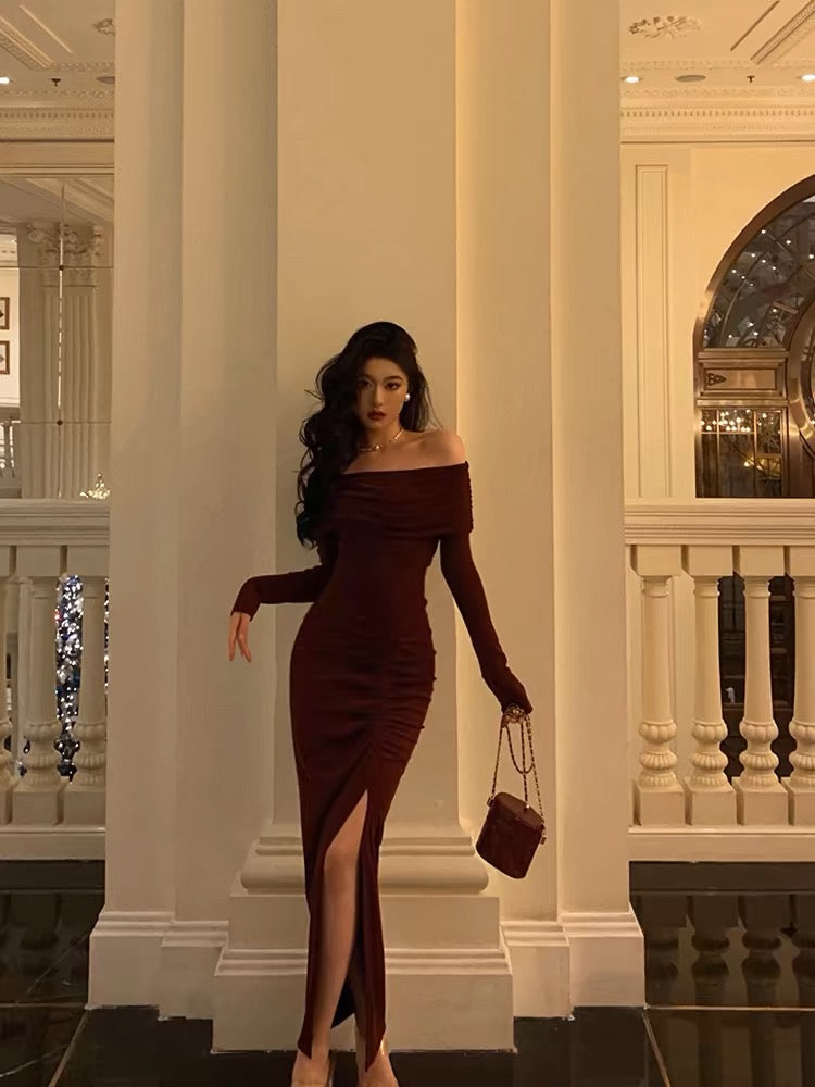 Gorgeous Mermaid Off The Shoulder Long Sleeves Date Night Dress Burgundy Prom Dresses Birthday Outfits - VelvetHem
