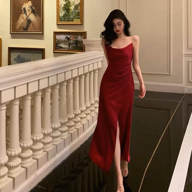 Sexy Sheath Spaghetti Straps Sleeveless Red Ankle Length Prom Dresses Birthday Outfits - VelvetHem