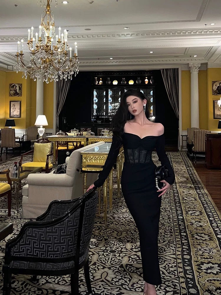 Gorgeous Mermaid Off The Shoulder Long Sleeves Date Night Dress Black Prom Dresses Birthday Outfits - View 4 | VelvetHem