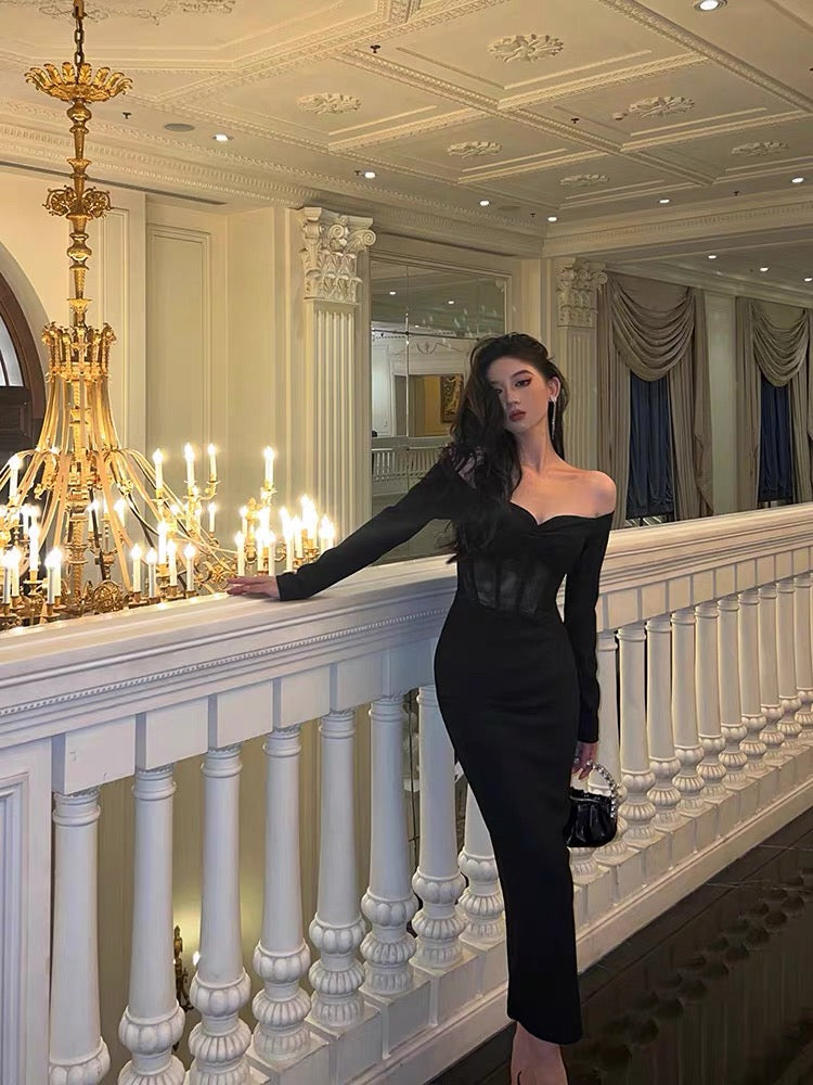 Gorgeous Mermaid Off The Shoulder Long Sleeves Date Night Dress Black Prom Dresses Birthday Outfits