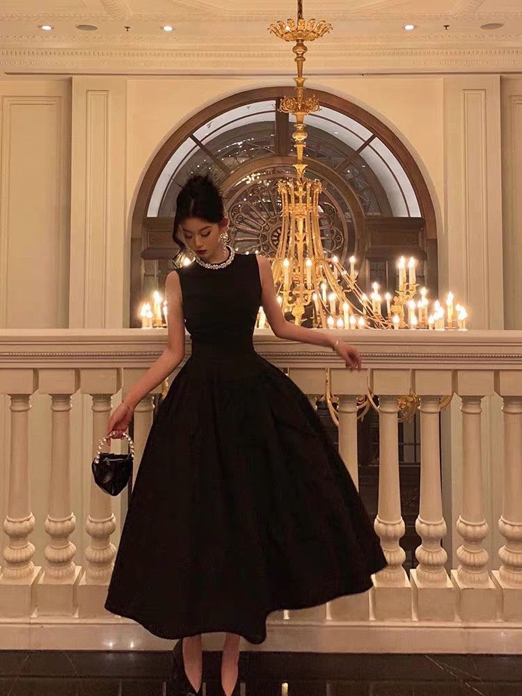 Vintage Ball Gown Jewel Sleeveless Black Satin Prom Dresses Birthday Outfits - VelvetHem