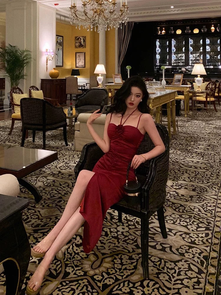 Sexy Sheath Spaghetti Straps Red Sleeveless Slit Tea Length Party Dresses Birthday Outfits