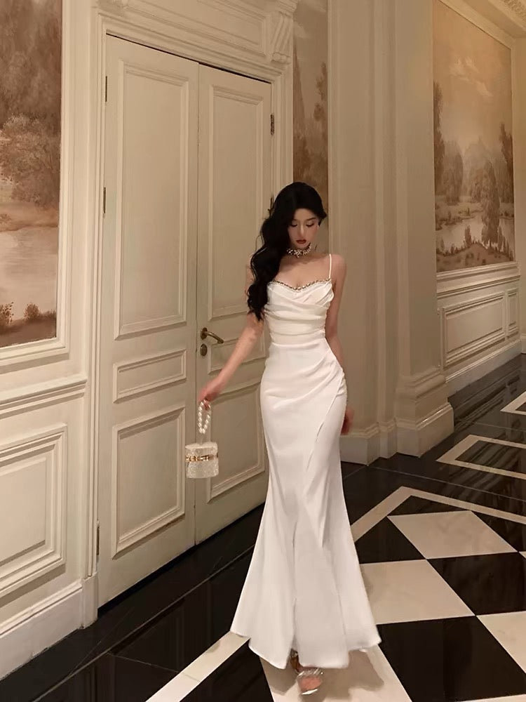 Sexy Mermaid Spaghetti Straps White Satin Slit Prom Dresses Birthday Outfits - VelvetHem