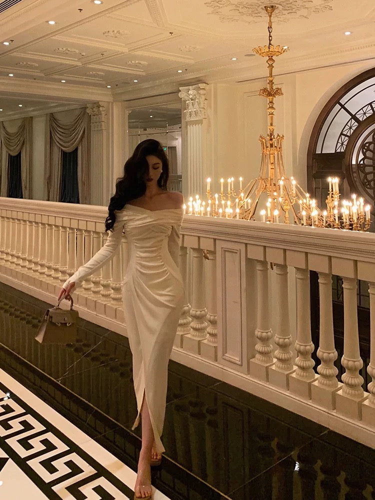 Gorgeous Mermaid Off The Shoulder Long Sleeves Date Night Dress White Prom Dresses Birthday Outfits - VelvetHem