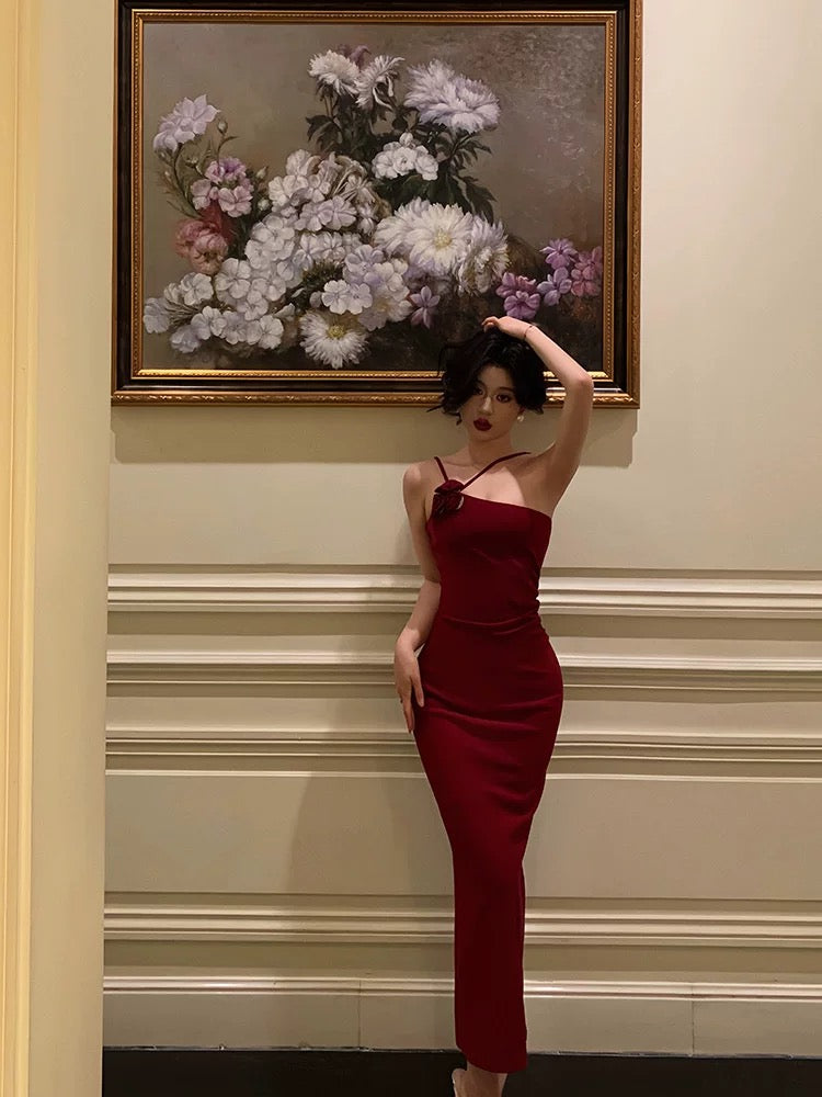 Sexy Sheath Halter Neckline Sleeveless Red Prom Dresses Birthday Outfits With Flower - VelvetHem