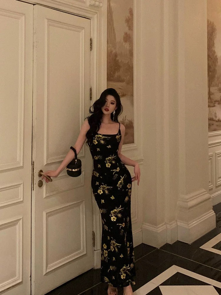 Sexy Mermaid Spaghetti Straps Floral Black Prom Dresses Ankle Length Birthday Outfits - View 3 | VelvetHem