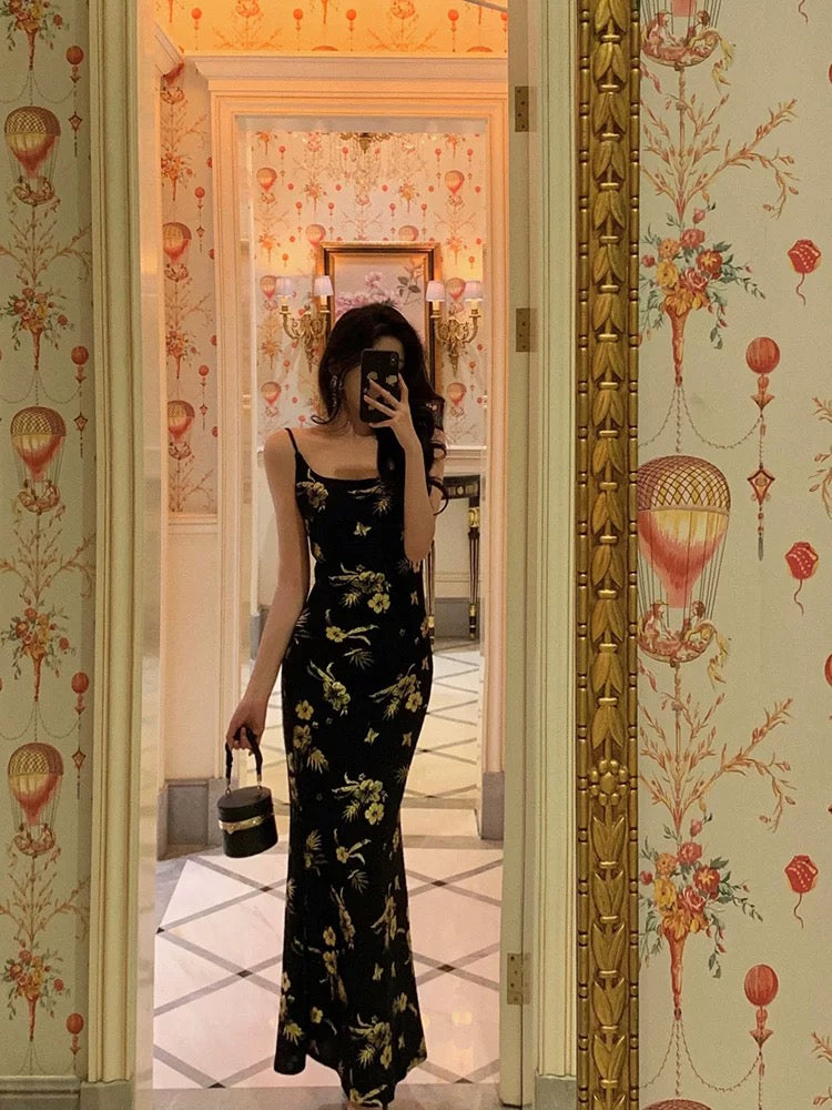 Sexy Mermaid Spaghetti Straps Floral Black Prom Dresses Ankle Length Birthday Outfits - View 4 | VelvetHem