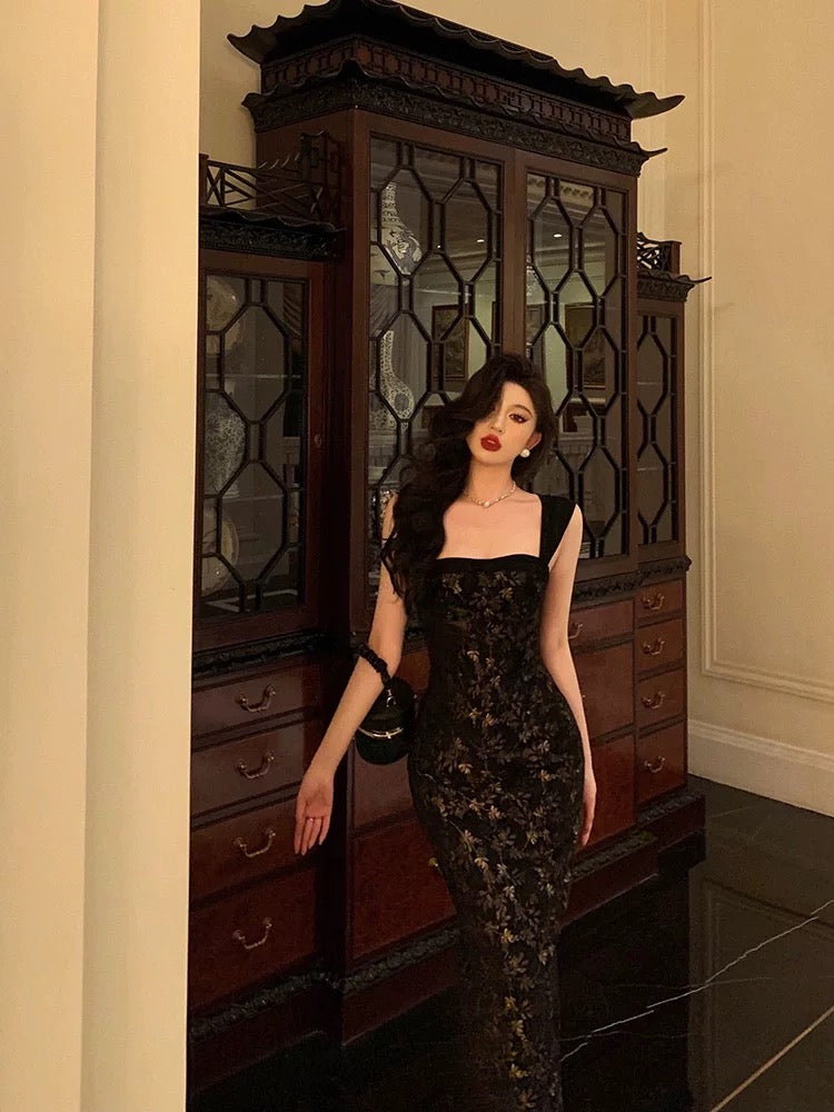 Classy Mermaid Square Neckline Sleeveless Black Lace Prom Dresses Birthday Outfits