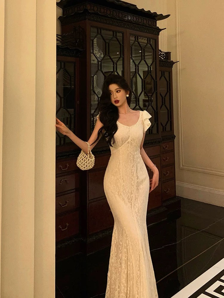 Classy Mermaid Jewel Sleeveless Ruffles Lace Prom Dresses Birthday Outfits