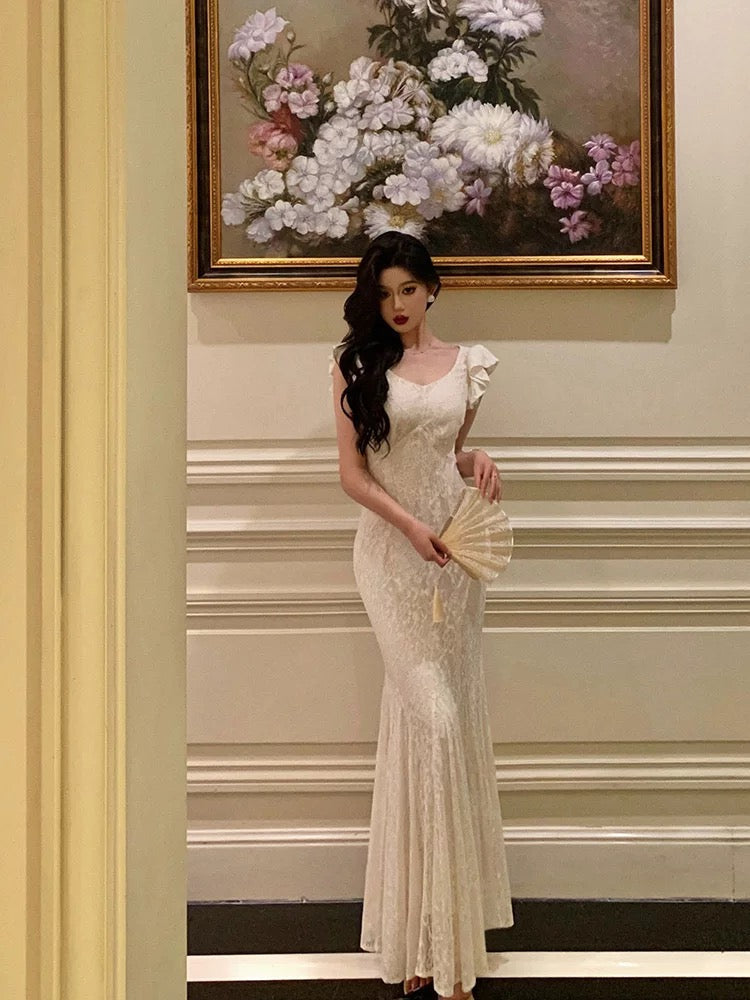 Classy Mermaid Jewel Sleeveless Ruffles Lace Prom Dresses Birthday Outfits