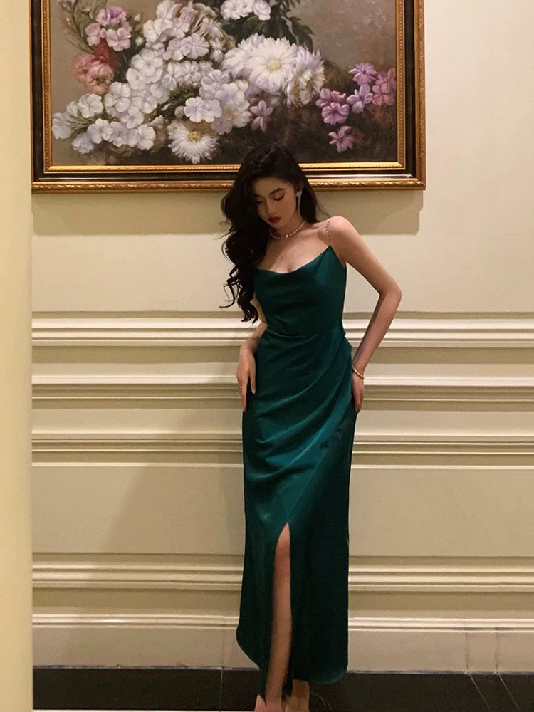 Sexy Sheath Spaghetti Straps Dark Green Satin Slit Prom Dresses Birthday Outfits - View 2 | VelvetHem
