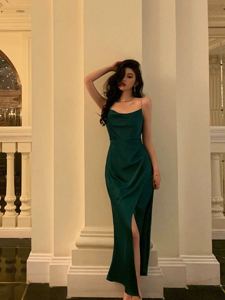 Sexy Sheath Spaghetti Straps Dark Green Satin Slit Prom Dresses Birthday Outfits - View 4 | VelvetHem
