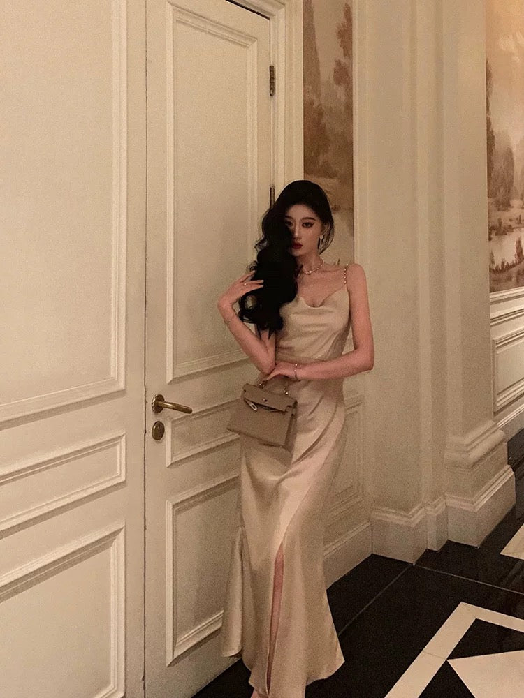 Sexy Sheath Spaghetti Straps Champagne Slit Prom Dresses Long Birthday Outfit