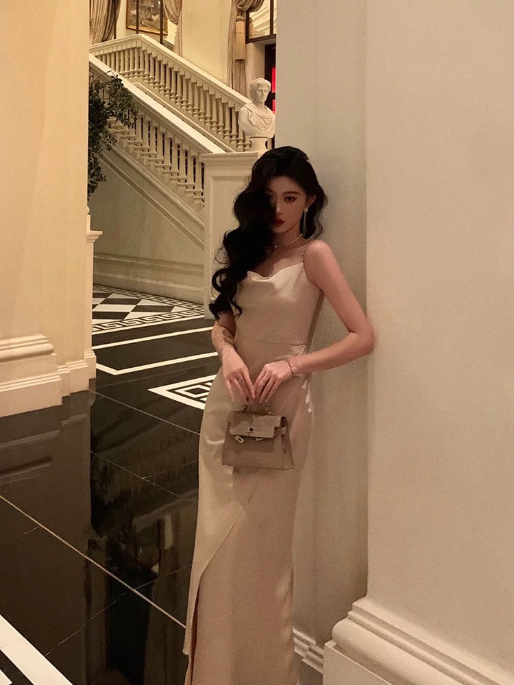 Sexy Sheath Spaghetti Straps Champagne Slit Prom Dresses Long Birthday Outfit