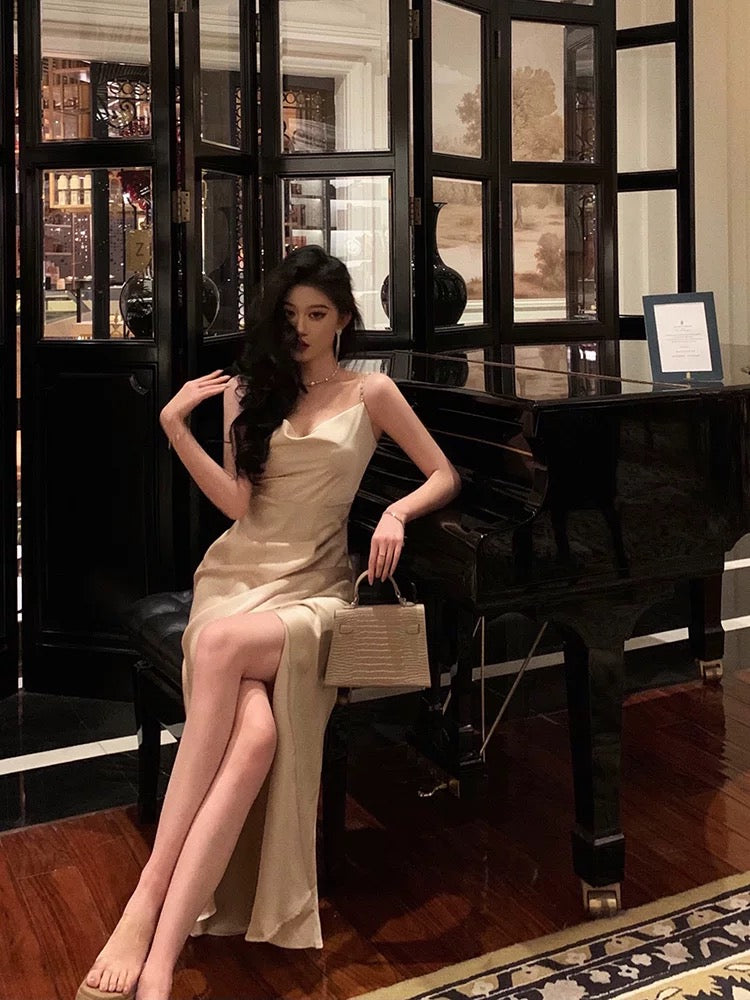 Sexy Sheath Spaghetti Straps Champagne Slit Prom Dresses Long Birthday Outfit