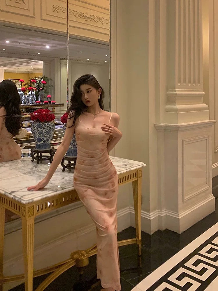 Sexy Sheath Spaghetti Straps Floral Pink Prom Dresses Tea Length Birthday Outfit