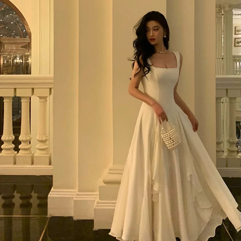 Gorgeous A line Square Neckline Sleeveless White Date Night Dress Prom Dresses Birthday Outfits - View 2 | VelvetHem