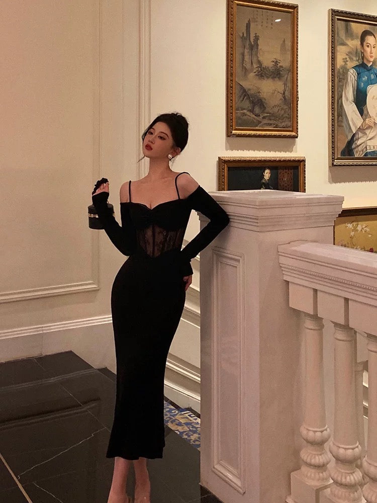 Sexy Sheath Off The Shoulder Long Sleeves Black Tea Length Prom Dresses Birthday Outfits - View 4 | VelvetHem
