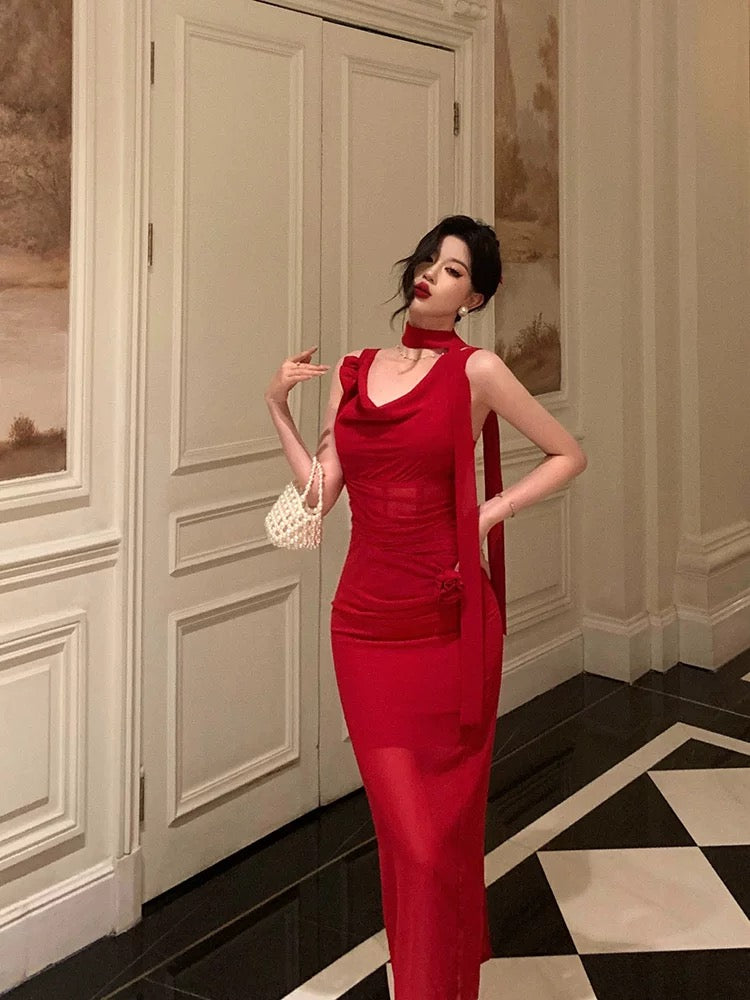 Pretty Sheath Straps Sleeveless Floral Date Night Dress Red Prom Dresses Birthday Outfits - VelvetHem