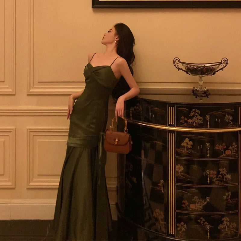 Sexy Mermaid Spaghetti Straps Olive Green Satin Long Prom Dresses Birthday Outfit - VelvetHem