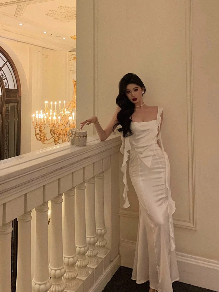 Sexy Sheath Straps White Satin Long Prom Dresses Birthday Outfit