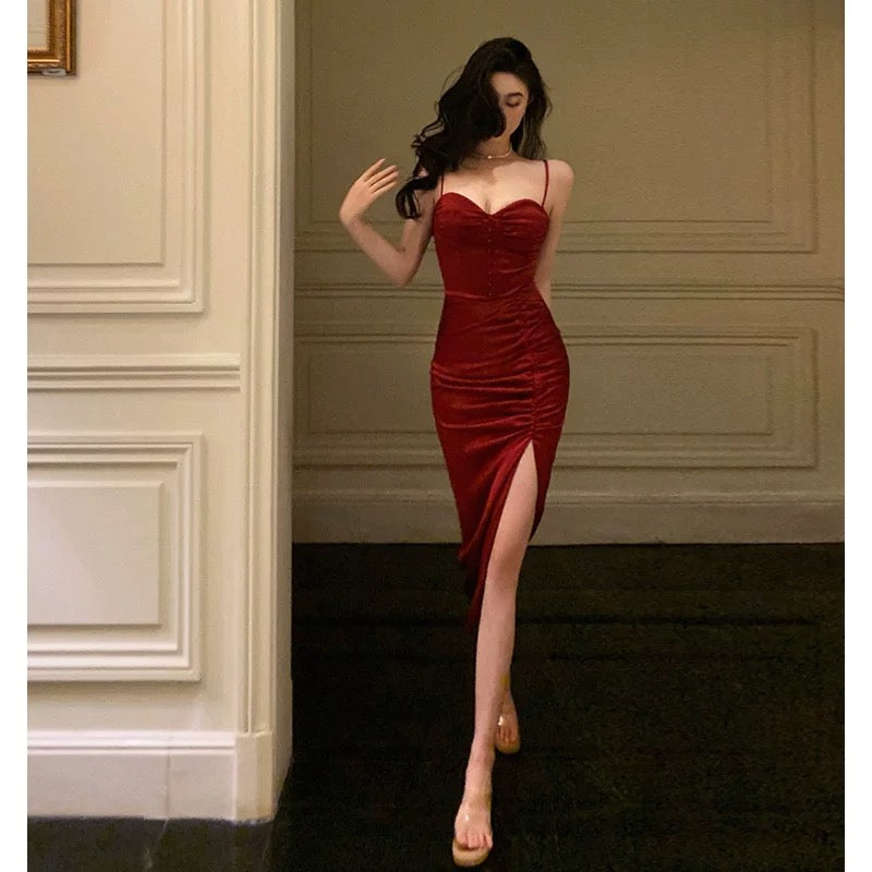 Gorgeous Sheath Spaghetti Straps Red Sleeveless Velvet Date Night Dress Prom Dresses Birthday Outfit