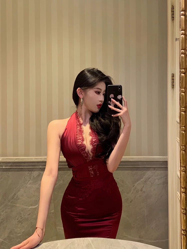 Gorgeous Sheath Halter Burgundy Sleeveless Lace Date Night Dress Prom Dresses Birthday Outfit - View 4 | VelvetHem