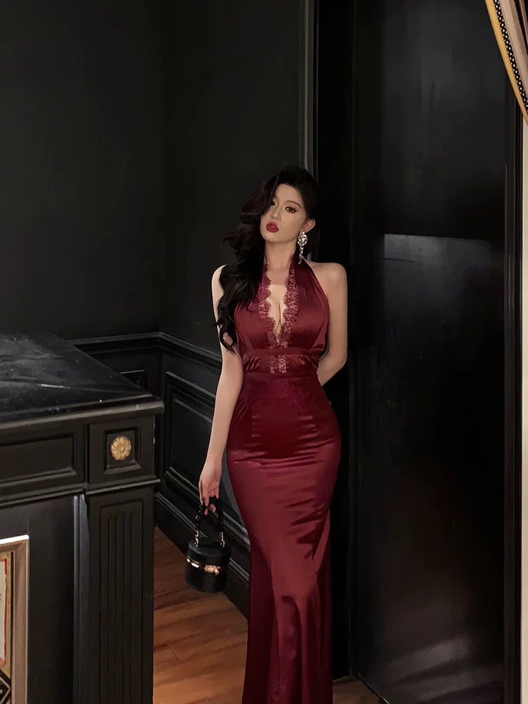 Gorgeous Sheath Halter Burgundy Sleeveless Lace Date Night Dress Prom Dresses Birthday Outfit - View 3 | VelvetHem