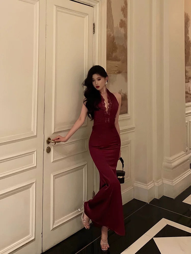 Gorgeous Sheath Halter Burgundy Sleeveless Lace Date Night Dress Prom Dresses Birthday Outfit