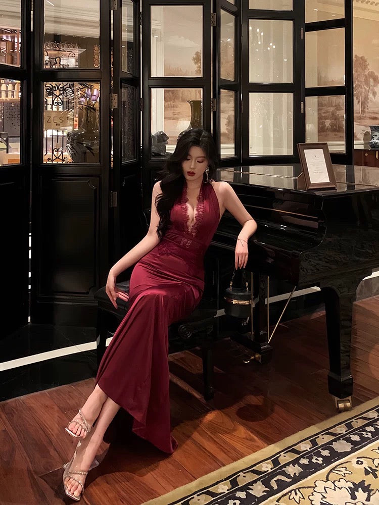 Gorgeous Sheath Halter Burgundy Sleeveless Lace Date Night Dress Prom Dresses Birthday Outfit - View 2 | VelvetHem