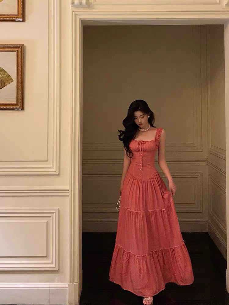 Sexy A Line Square Neckline Pink Long Prom Dresses Birthday Outfits - VelvetHem