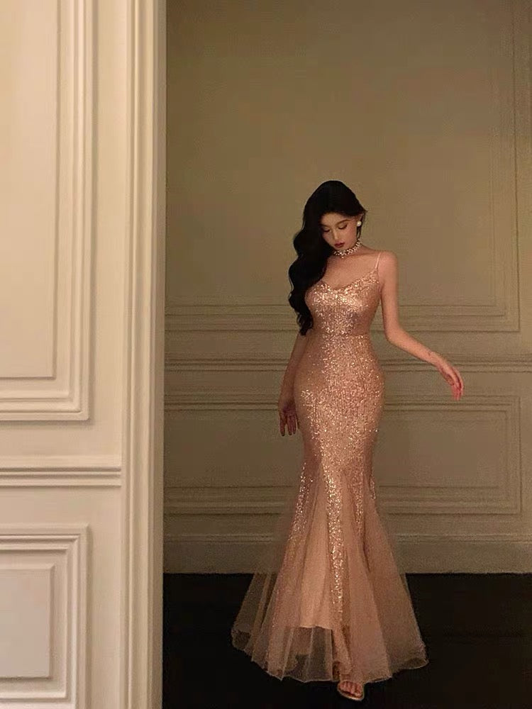 French Mermaid Spaghetti Straps Sequin Sleeveless Long Prom Dresses Birthday Outfits - VelvetHem