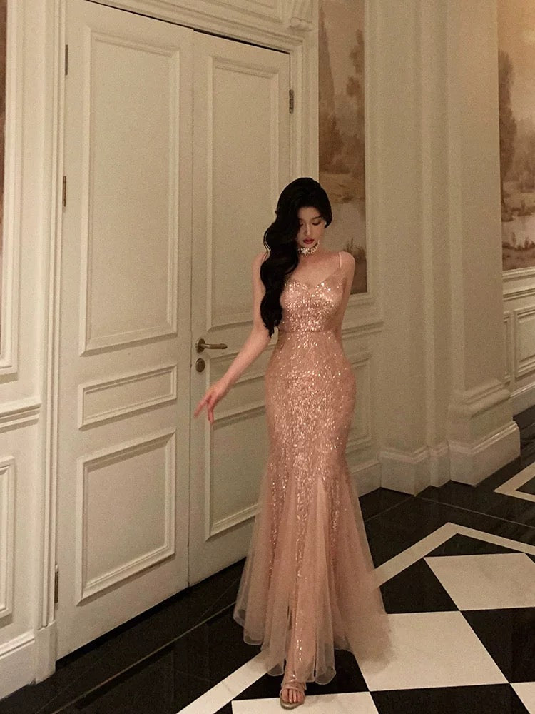 French Mermaid Spaghetti Straps Sequin Sleeveless Long Prom Dresses Birthday Outfits - View 5 | VelvetHem