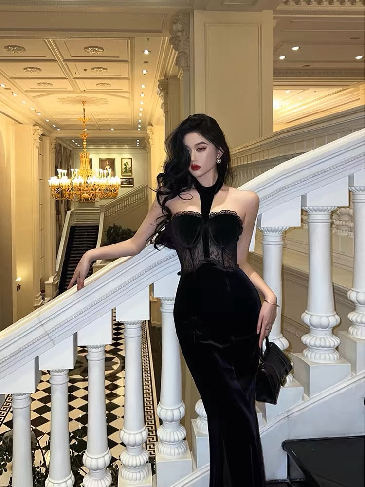 French Sheath High Neckline Black Velvet Long Prom Dresses Birthday Outfits - View 3 | VelvetHem