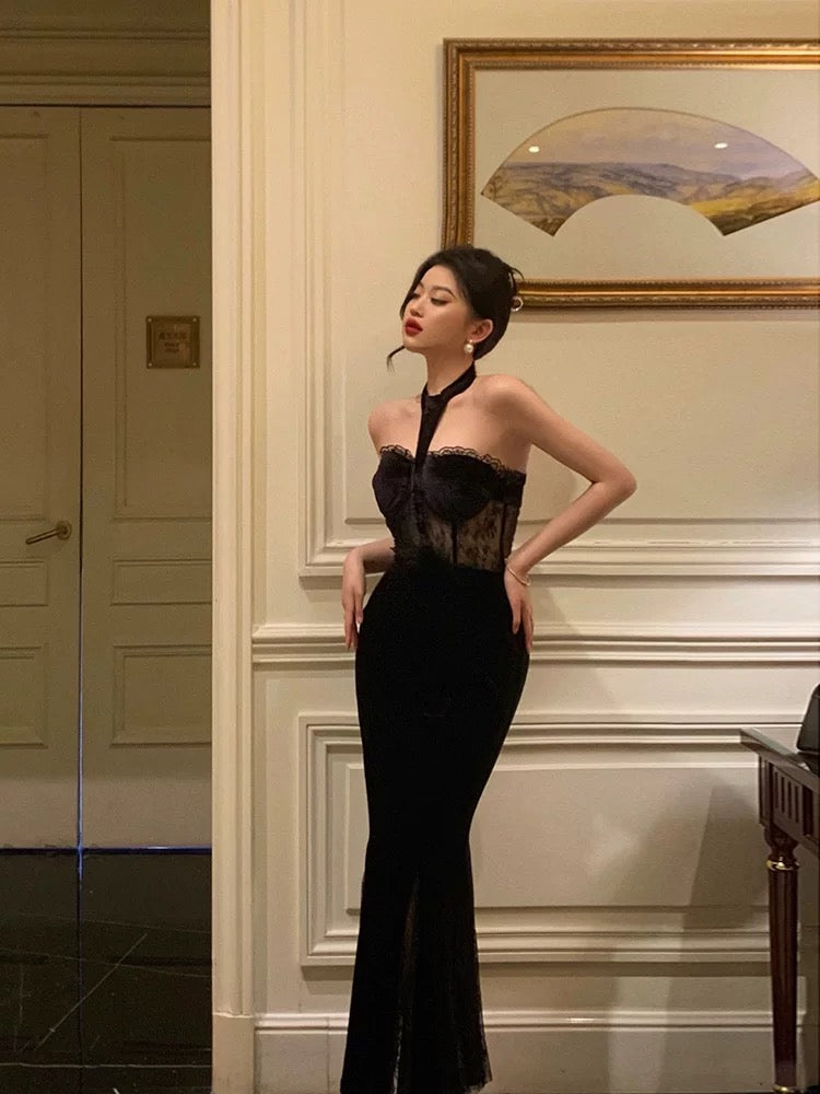 French Sheath High Neckline Black Velvet Long Prom Dresses Birthday Outfits - View 5 | VelvetHem