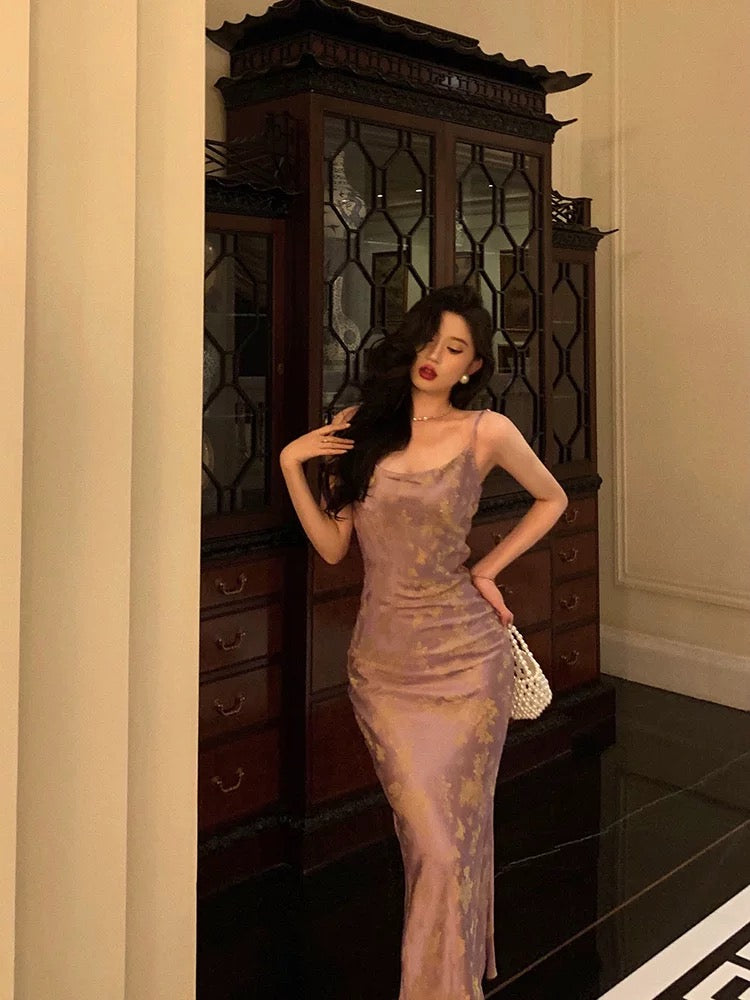 French Sheath Spaghetti Straps Lilac Satin Prom Dresses Birthday Outfits - VelvetHem