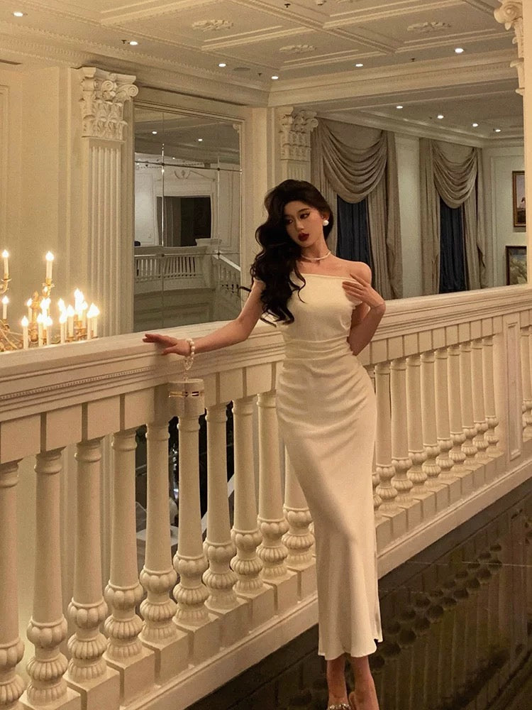 Simple Sheath Off The Shoulder White Satin Date Night Dress Prom Dresses Birthday Outfit - VelvetHem