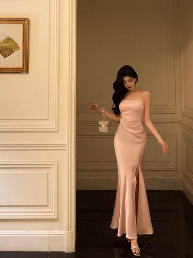 Gorgeous Sheath Spaghetti Straps Long Pink Slit Satin Date Night Dress Prom Dresses Birthday Outfit - VelvetHem