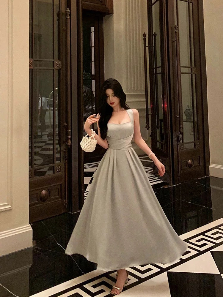 Gorgeous A line Straps Date Night Dress Dusty Gray Satin Prom Dresses Birthday Outfit - VelvetHem
