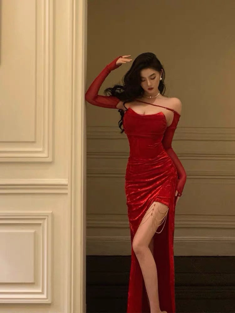 Sexy Sheath Strapless Red Velvet Date Night Dress Prom Dresses Birthday Outfit - VelvetHem