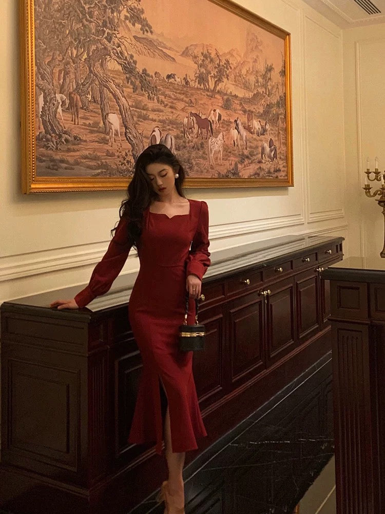 Sexy Sheath Square Neckline Red Date Night Dress Prom Dresses Birthday Outfit - VelvetHem